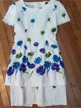 Evan Picone White Dress with Blue and Purple Floral Print